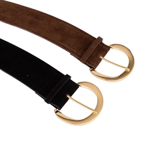 Vintage suede wide waist belts for women in black and brown with gold round metal buckles