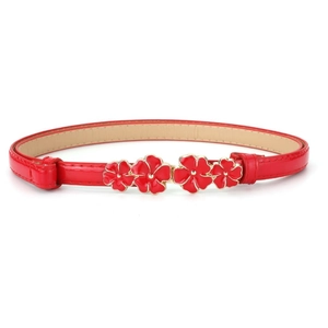 Slim red glossy faux leather belt for women featuring gold-edged floral buckle