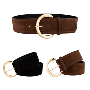 Vintage suede wide waist belts in black and brown with large gold crescent buckles