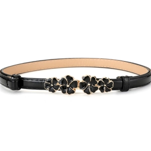 Elegant thin black belt with golden floral buckle for women dresses and coats