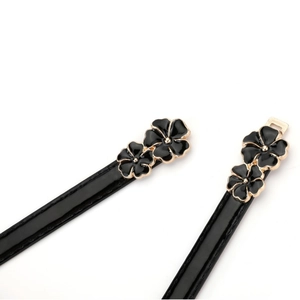 Elegant thin black faux suede belt with a detailed golden edge floral metal buckle