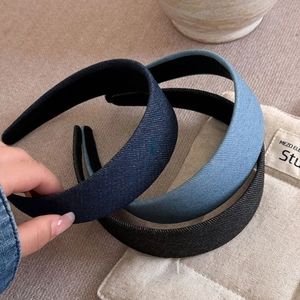 Three-piece set of vintage denim padded headbands in dark blue, light blue, and black colors