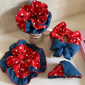 Set accessori capelli retrò a pois rossi e denim con fiocco e molletta per capelli