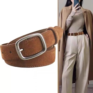 Brown faux suede belt with silver buckle, vintage style for jeans and coats