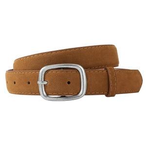 Vintage brown suede belt for women with antique silver buckle and contrast stitching