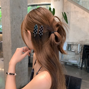 Set of two elegant black and white checkered hair clips worn by a model in a side view