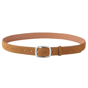 Classic brown suede leather belt for women with a vintage silver pin buckle and stitching