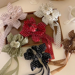 Pince à Cheveux Nœud à Pois Doux avec Longs Rubans Accessoires de Cheveux Rétro Français pour Femmes Coiffe Élégante