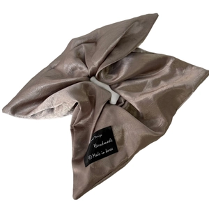 Elegant champagne silk satin bow scrunchie with handmade Korean woven label