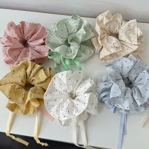 Lot de 6 chouchous style coréen à pois brodés avec rubans dans des tons pastels doux
