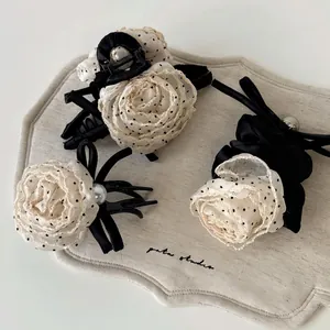 French Vintage Polka Dot Rose Hair Accessories Mesh Flower Hair Claws Satin Bow Artificial Pearl Scrunchie Elegant Headwear For Women
