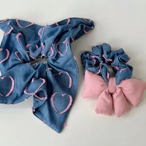 Chouchou Denim Bleu Rose Style Coréen Nœud Broderie Cœur Franges Élastique à Cheveux pour Femmes Accessoires de Mode