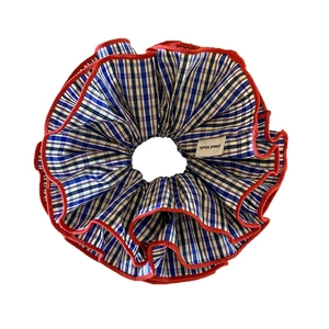 Retro plaid scrunchie with red piping and Hand Made label for stylish hair styling