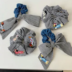 Cute Dog Patch Gingham Bow Scrunchies For Women Girls Sweet Korean Style Checkered Hair Ties Denim Blue Hair Accessories