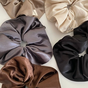 Set of 5 satin hair scrunchies in champagne, grey and brown colors with handmade labels