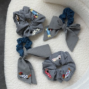 Cute black and white checkered scrunchies with cartoon dog patches for women hair styling