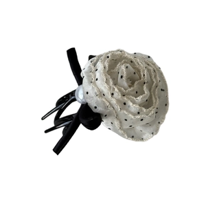 French style polka dot flower hair claw clip with black ribbon bow and white pearl accent
