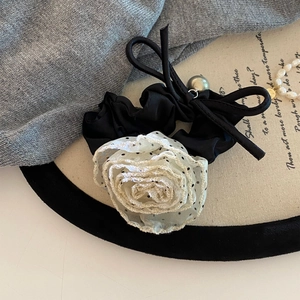 Elegant French style hair scrunchie with lace polka dot flower and hanging pearl detail