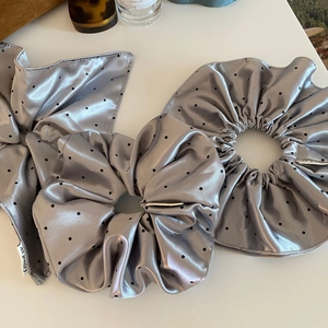 French vintage silver satin hair scrunchies with black polka dots and silk texture