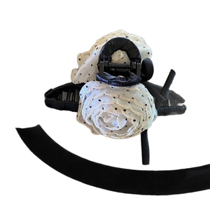 Korean style hair claw clip with black polka dot white roses and delicate lace trim