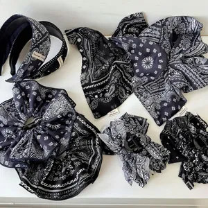 Vintage Paisley Print Fabric Hair Accessories Navy Blue Black Bow Headband Scrunchie Hair Claw Clip Scarf For Women Daily