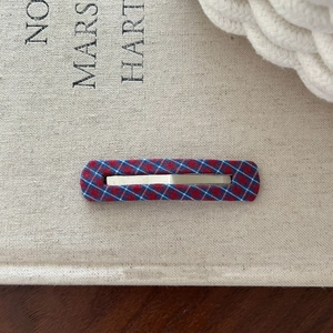 Detail of red and blue plaid fabric hair clip on canvas with metallic inner frame
