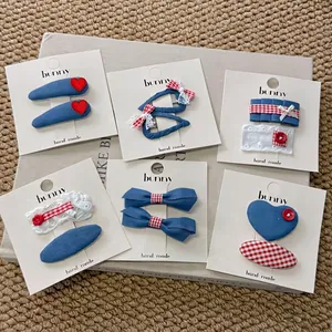 Retro Denim Red Heart Hair Clips For Girls Sweet Plaid Gingham Bow Knot Hairpins Handmade Cotton Fabric BB Clips Headwear