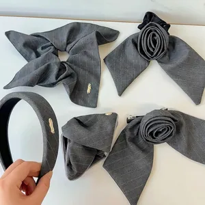 Elegant grey striped fabric hair accessory set with rose bow clips and headband