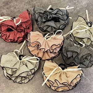 French Style Plaid Fabric Bow Hair Claw Clip With Ribbon Ruffle Edge Large Shark Clip For Women Daily Hair Accessories