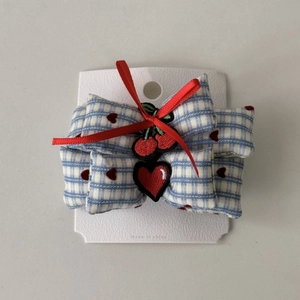 Blue heart plaid scrunchie and bow hair clip set with cherry embroidery for women