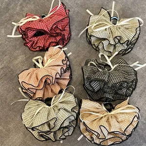 6-piece set of large French checkered hair claws with ruffles and delicate ribbon bows