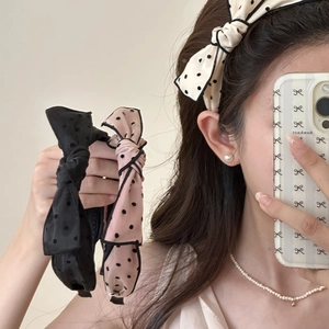 French Polka Dot Bow Headband For Women Sweet Gentle Style Fabric Hair Band Elegant High Cranium Top Hair Accessory