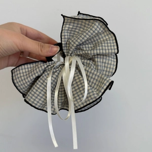 French blue plaid bow hair claw with elegant white ribbons and black ruffled trim