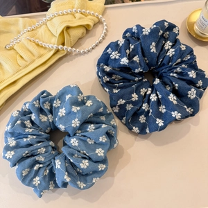 Chouchous en Tissu Denim Bleu Rose Floral pour Femmes Style Coréen Élastique Fleur Accessoires de Coiffure Décoratifs