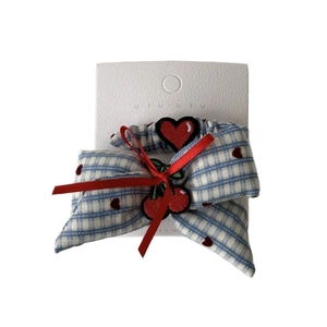 Korean blue plaid scrunchie with red heart embroidery and cherry detail on display card