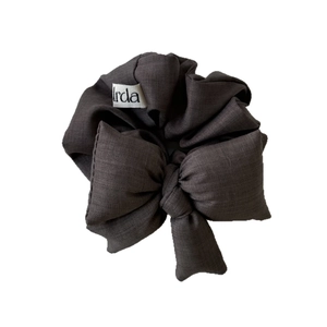 Dark charcoal grey oversized bow scrunchie in textured suit fabric for women