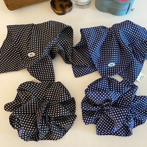 Vintage Polka Dot Satin Hair Scrunchie With Bow Knot Women Korean Style Large Ruffled Hair Ring Elastic Hair Tie Accessory