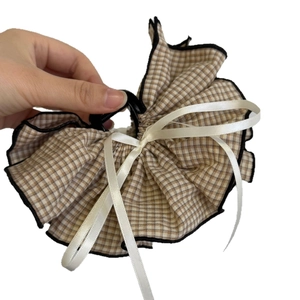 French style double-layered checkered bow hair claw with elegant ribbon and ruffles