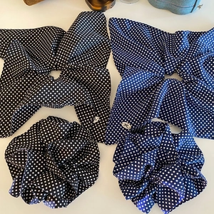 Polka dot fabric scrunchies with bow accents in black and navy blue 4-piece set