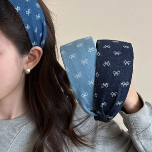 Cerchietto in Tessuto Denim Retrò da Donna Con Stampa a Fiocco Bianco Stile Coreano Fascia Larga Accessori per Capelli Moda
