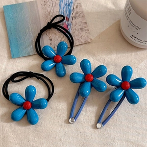 Élégant ensemble de barrettes à fleurs bleues et élastiques à cheveux pour femmes