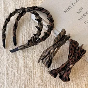 Retro Leopard Print Bow Hair Clip And Headband Satin Fabric Gold Metal Label Elegant Hair Styling Accessories For Women