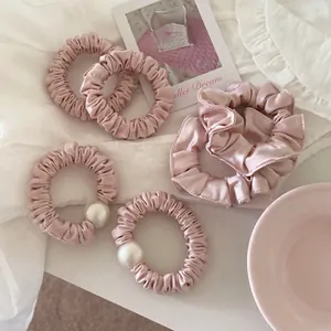 Lot de chouchous en satin rose avec perles pour queue de cheval, accessoires cheveux femme