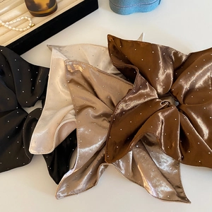 Elegant satin hair scrunchies with rhinestones in black, white, champagne and brown