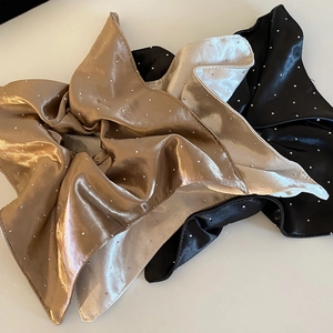 Satin silk hair scrunchies with rhinestones in champagne, white and black colors