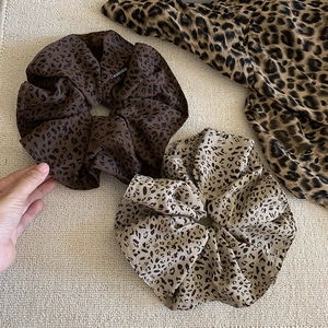 Leopard print oversized scrunchie set in dark brown and light beige chiffon fabric