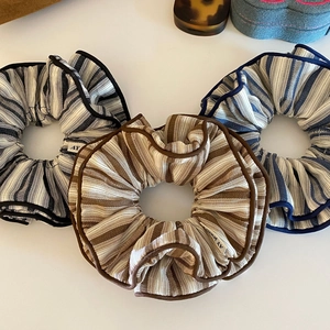 Three-piece set of retro striped oversized scrunchies in black, brown, and blue colors