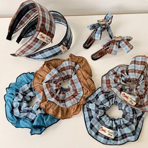 Korean Style Plaid Grid Scrunchies Bow Hair Clips Padded Headband Retro Fabric Hair Ties Set For Women Girls Hair Accessories
