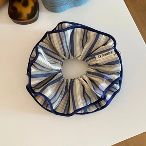 French vintage blue and white striped cotton scrunchie with brand woven label