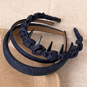 Three-piece set of vintage blue denim headbands featuring padded and woven styles